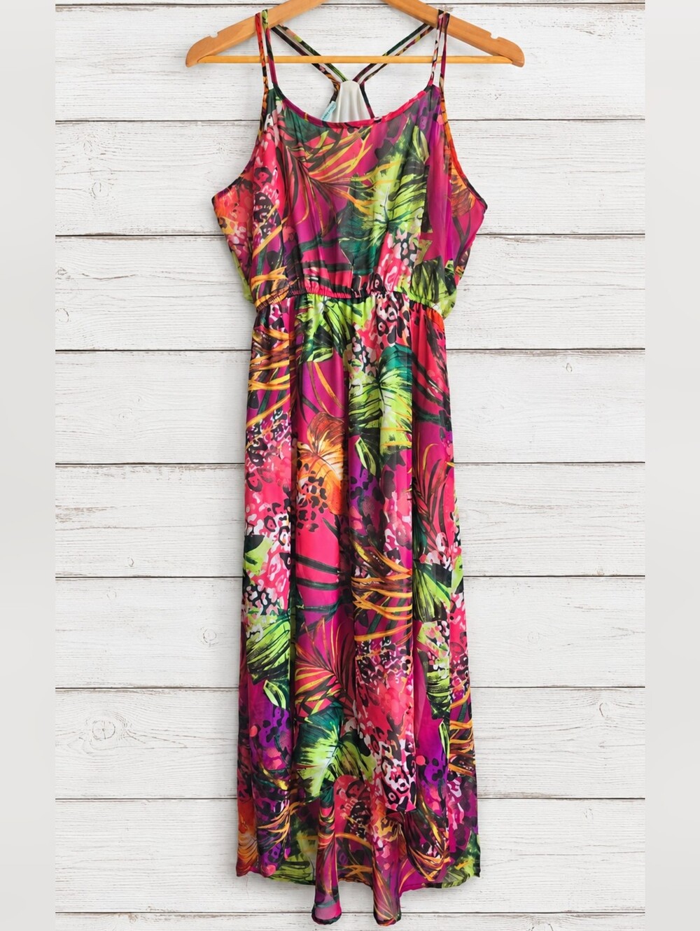 Maurices Tropical Fuchsia High Low Maxi Dress with Green Leaf Print Size L